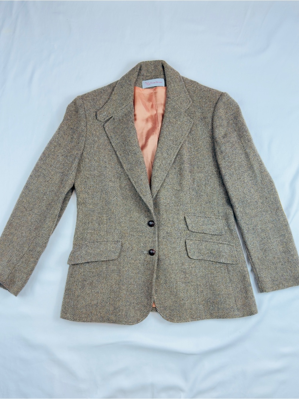 Vintage Evan-Picone Size 16 Herringbone Tweed Blazer Union Made - Taupe